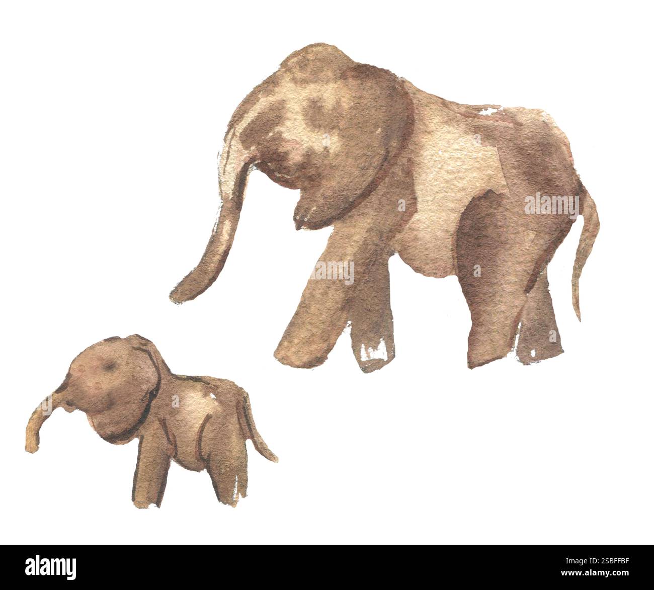 Elefantenmutter und Baby monochrome Aquarellillustration isoliert. Handgemalte Safari-Tiere in warmen Brauntönen für Kinderzimmer Kunst, Einladungen Stockfoto