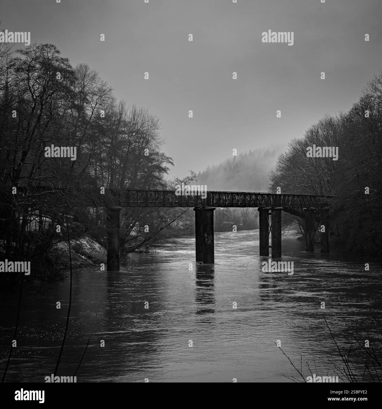 Eisenbahnbrücke über einen Fluss im Winter Stockfoto