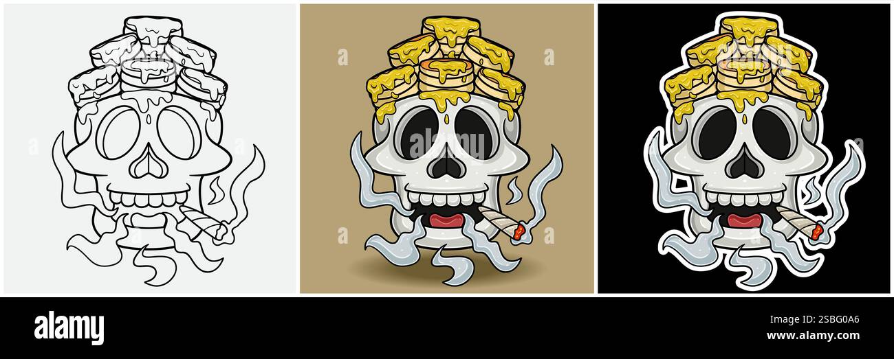 Pfannkuchen Im Schädelkopf Mit Raucher-Charakter-Cartoon. Schwarz weiß, bunt und Stickerstil. Für T-Shirt-Aufdruck, Markenlogo, Label und Mascot Pro Stock Vektor