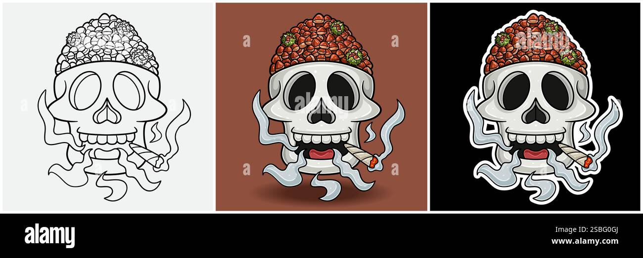 Kastanien Im Schädelkopf Mit Rauchender Figur Cartoon. Schwarz weiß, bunt und Stickerstil. Für T-Shirt-Druck, Markenlogo, Label und Mascot PR Stock Vektor