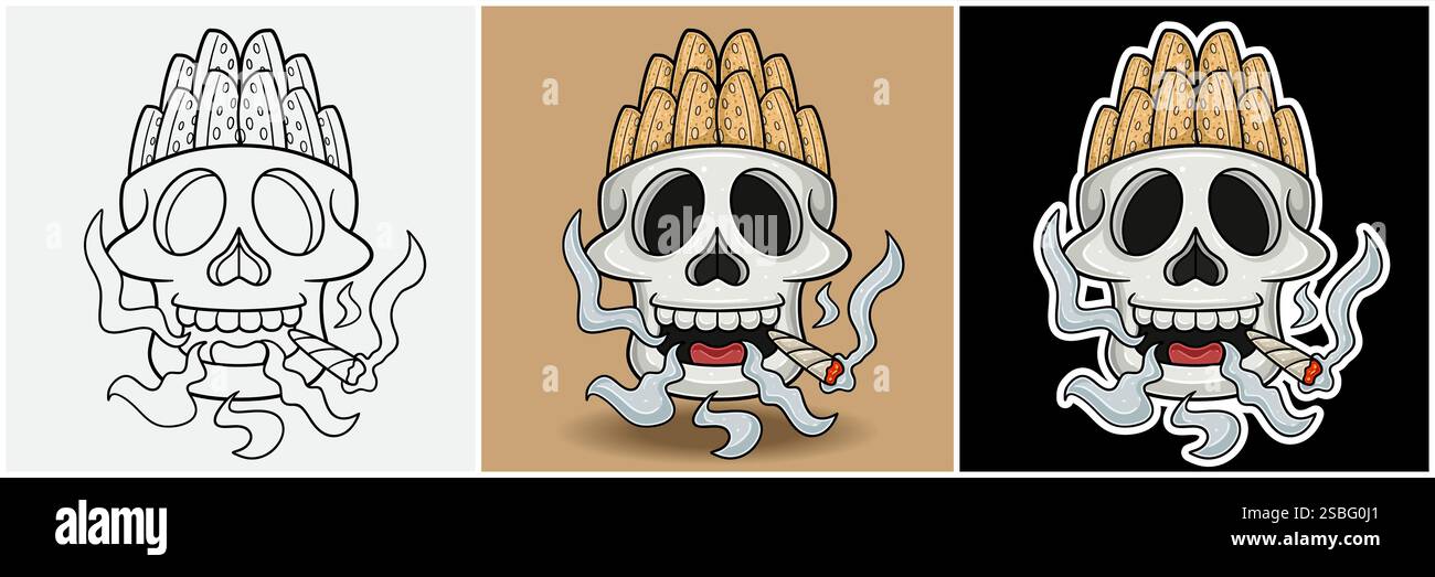 Biscotti In Skull Head With Smoking Character Cartoon. Schwarz weiß, bunt und Stickerstil. Für T-Shirt-Druck, Markenlogo, Label und Mascot PR Stock Vektor