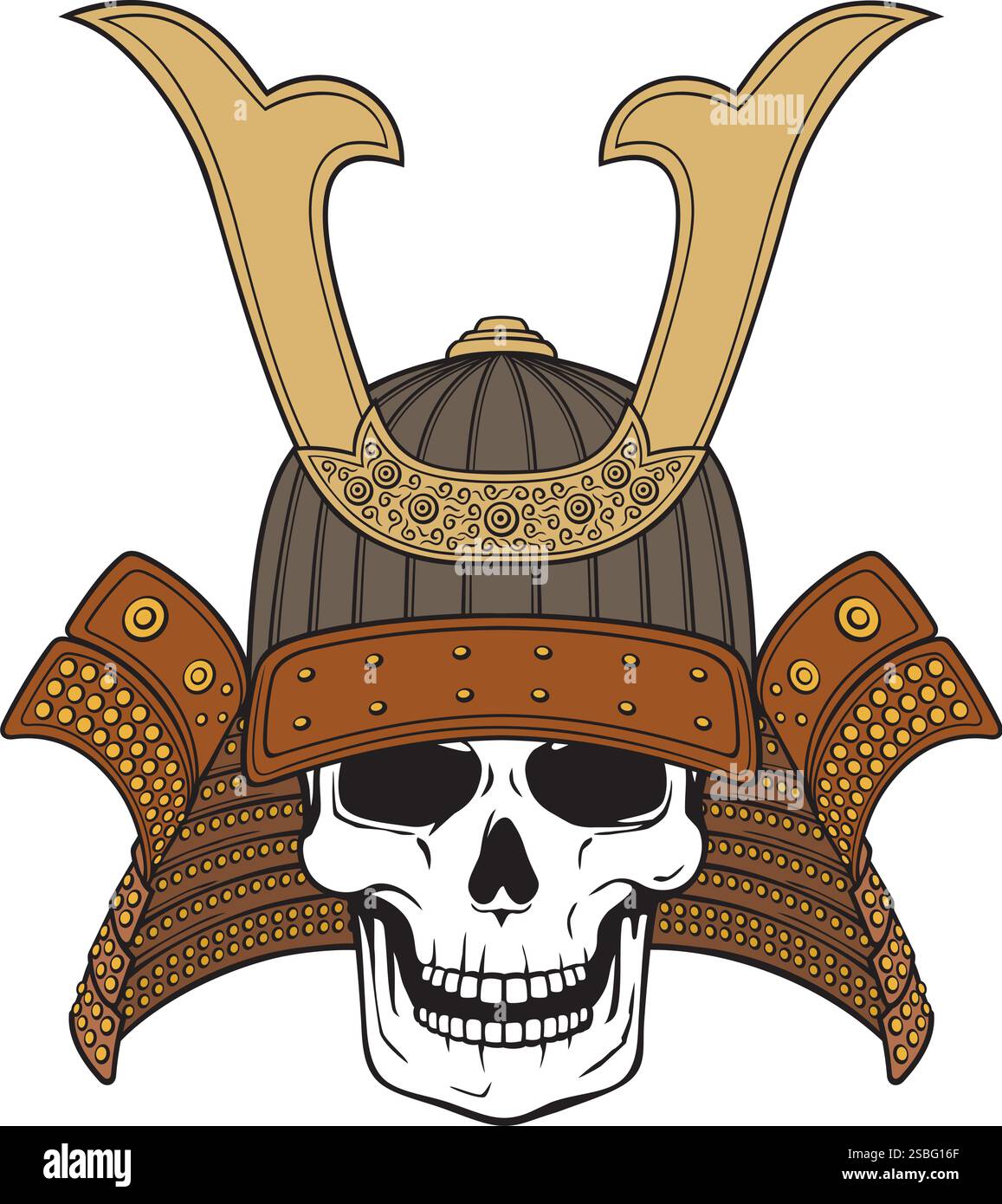 Samurai-Schädel. Traditionelle Rüstung des japanischen Kriegers. Vektorabbildung. Stock Vektor
