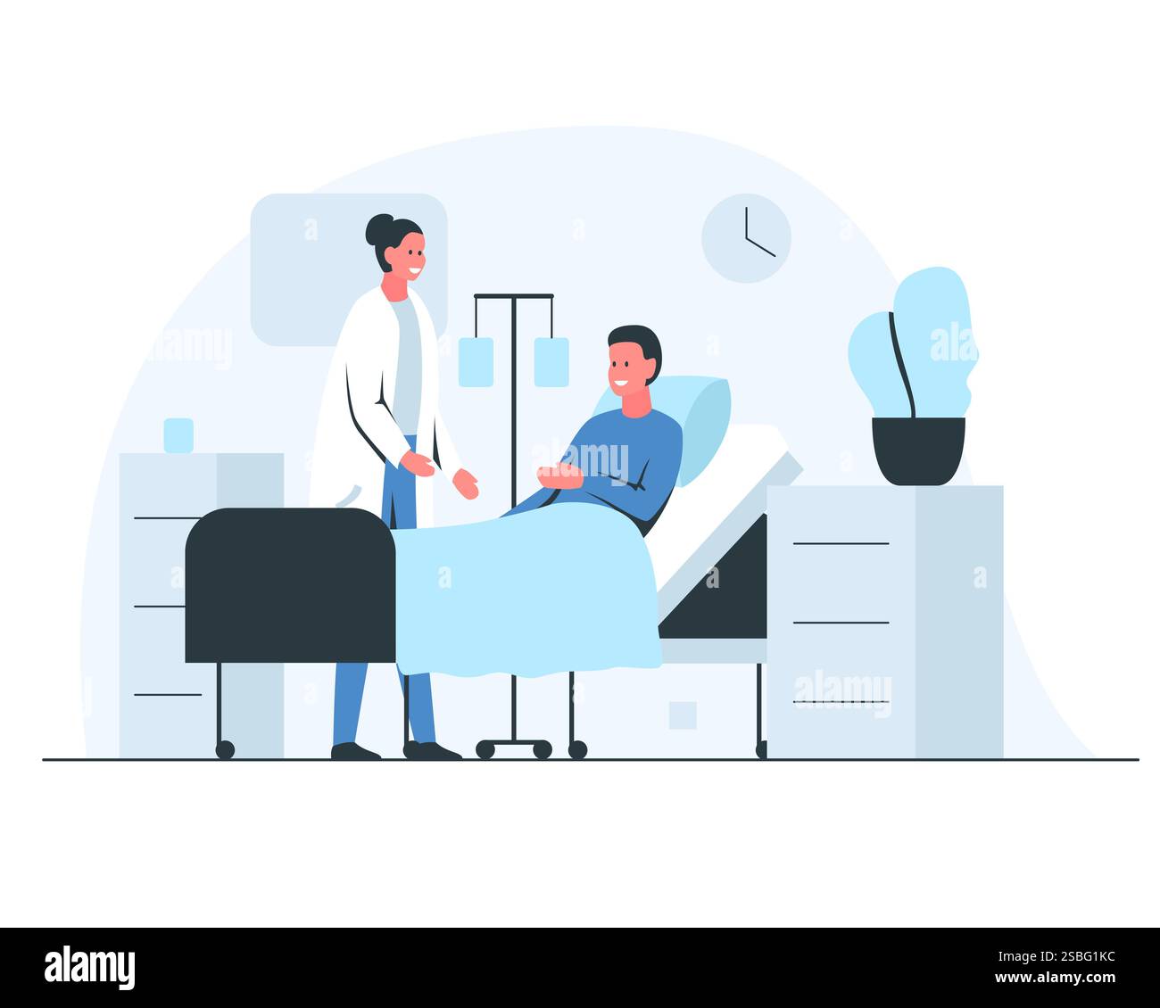 Vektor-bunte Illustration eines weiblichen Arztes, der mit einem Patienten in einer Krankenhausstation spricht. Freundlicher Arzt, der einen Patienten während der Krankenhausrunde überprüft Stock Vektor