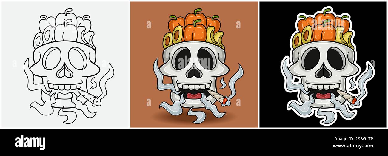 Pfirsichfrucht Im Schädelkopf Mit Raucher-Charakter-Cartoon. Schwarz weiß, bunt und Stickerstil. Für T-Shirt-Druck, Markenlogo, Label und Mascot Stock Vektor