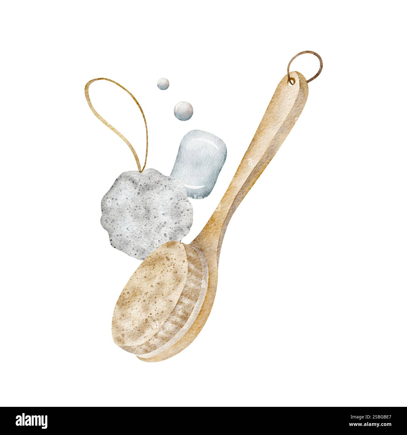 Pinsel für die Zusammensetzung der Aquarelle, Seife, Waschlappen. Illustration handgezeichnet auf weiß für Design-Dusche, Badezimmer, Produkte, Spa-Kosmetik, Etiketten Stockfoto