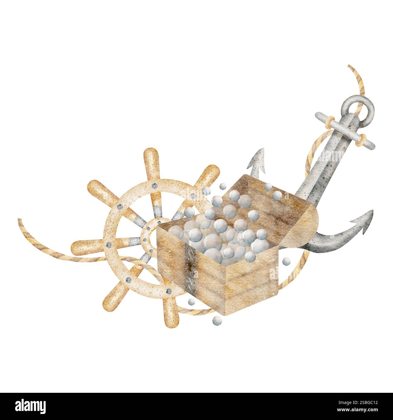 Marine Kompositionsanker, Schiffslenkrad, Brust mit Blasen. Aquarellillustration handgezeichnet, isoliert auf weißem Hintergrund für die Gestaltung von Stockfoto