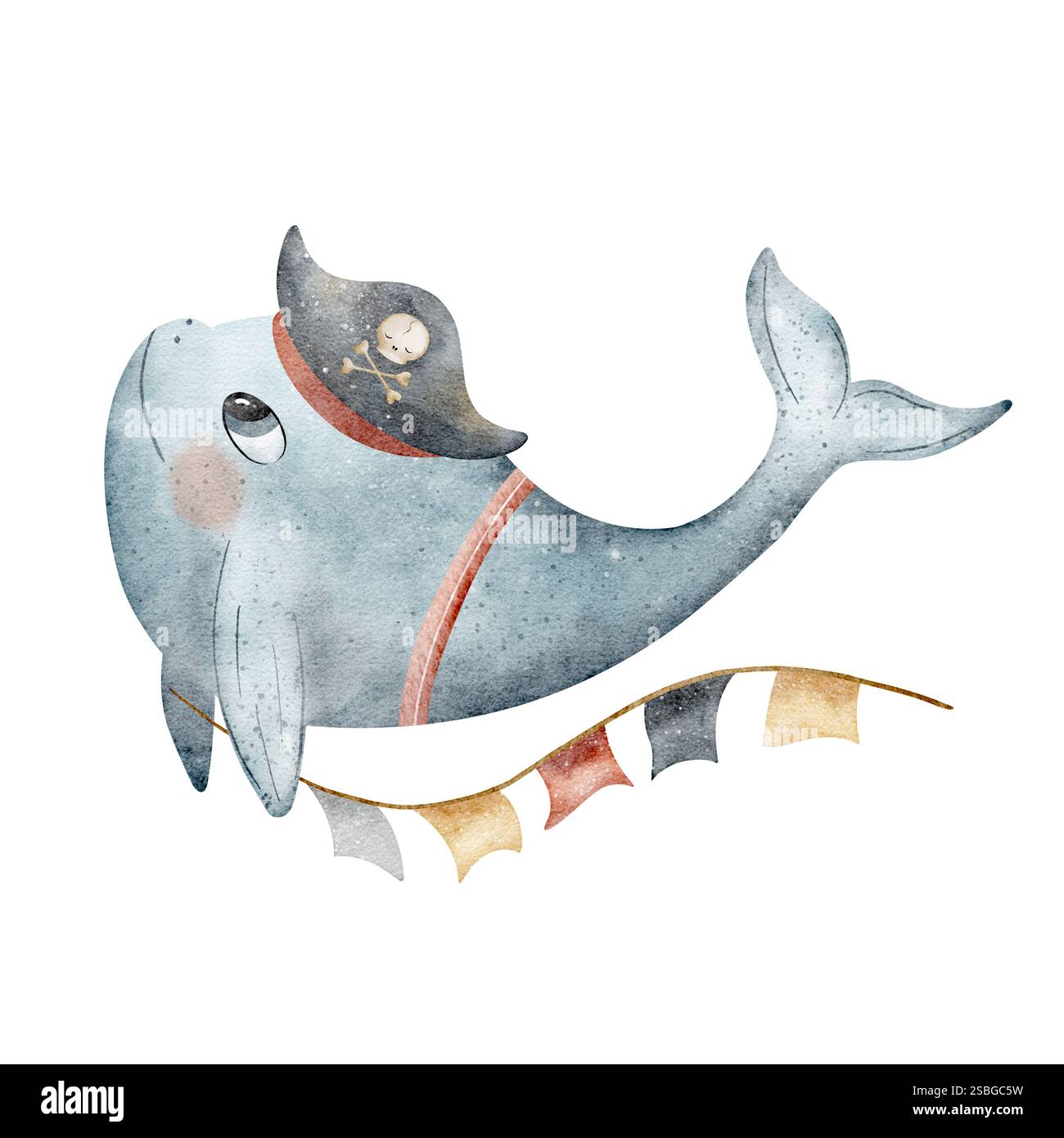 Walkapitän Piraten in Kappengirlande aus Fahnen. Aquarellabbildung auf weißem, Delfin handgezeichnet im Zeichentrickstil für die Gestaltung von Kinderkarten Stockfoto