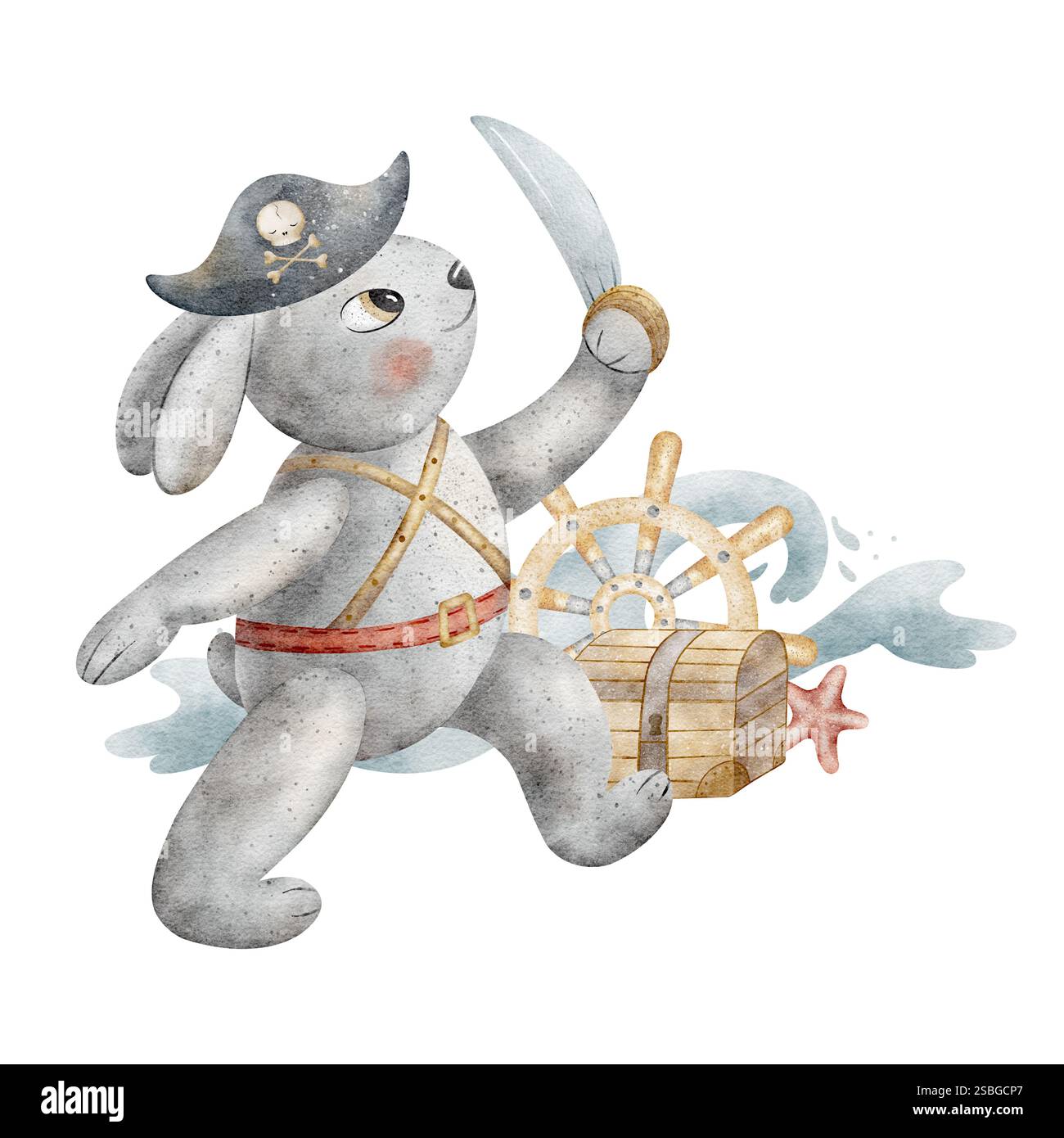 Hase Captain Piraten, Schwert, Schatzkiste. Aquarellabbildung eines von Hand gezeichneten Kaninchens. Charakter im Cartoon-Design mit Dusche und Bad Stockfoto