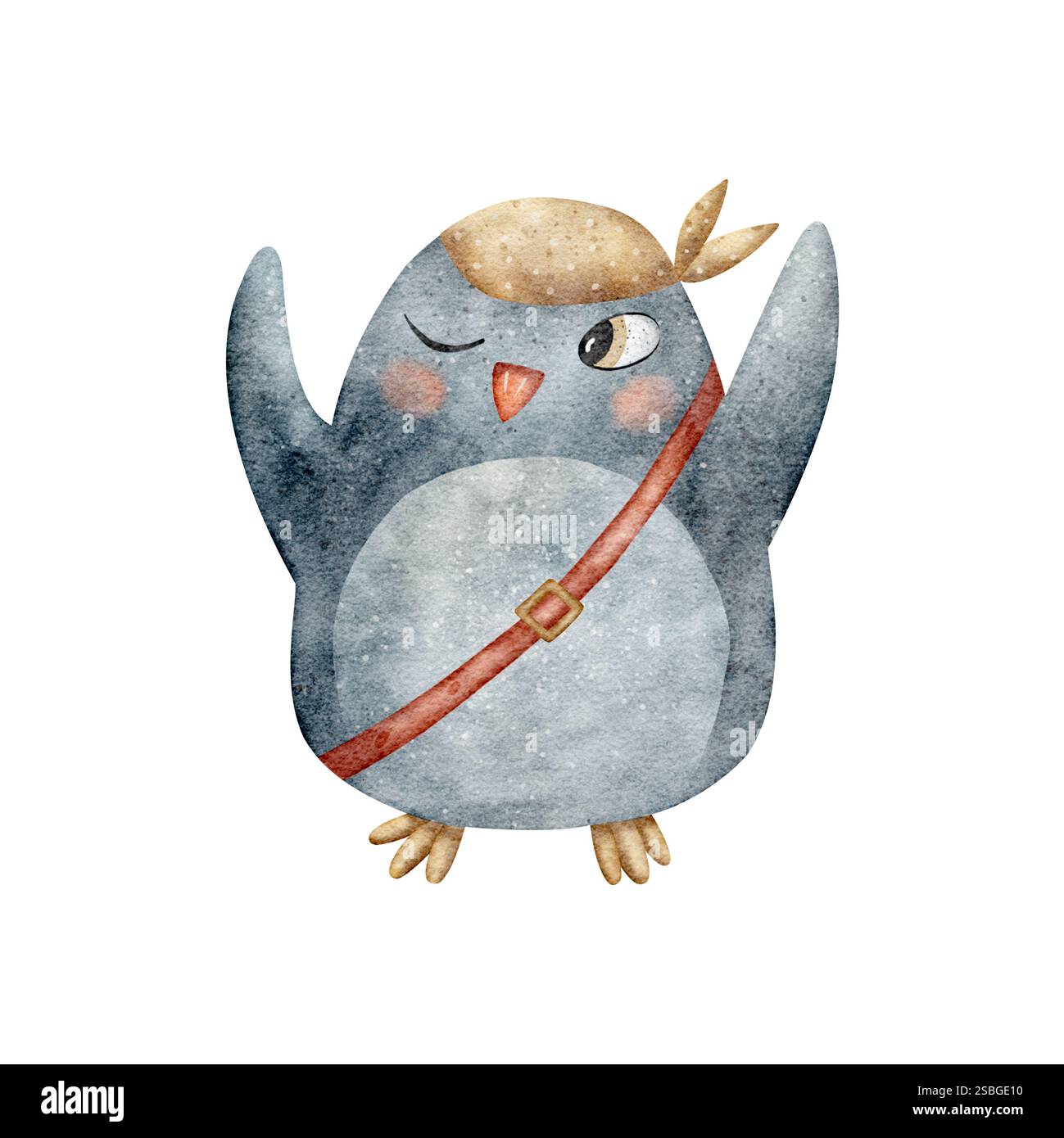 Aquarellpinguinpirat in beigem Bandana, Winkeln, Wellen. Illustration isoliert auf weiß, handgezeichnet im Cartoon-Stil für die Gestaltung von Kinderkarten Stockfoto
