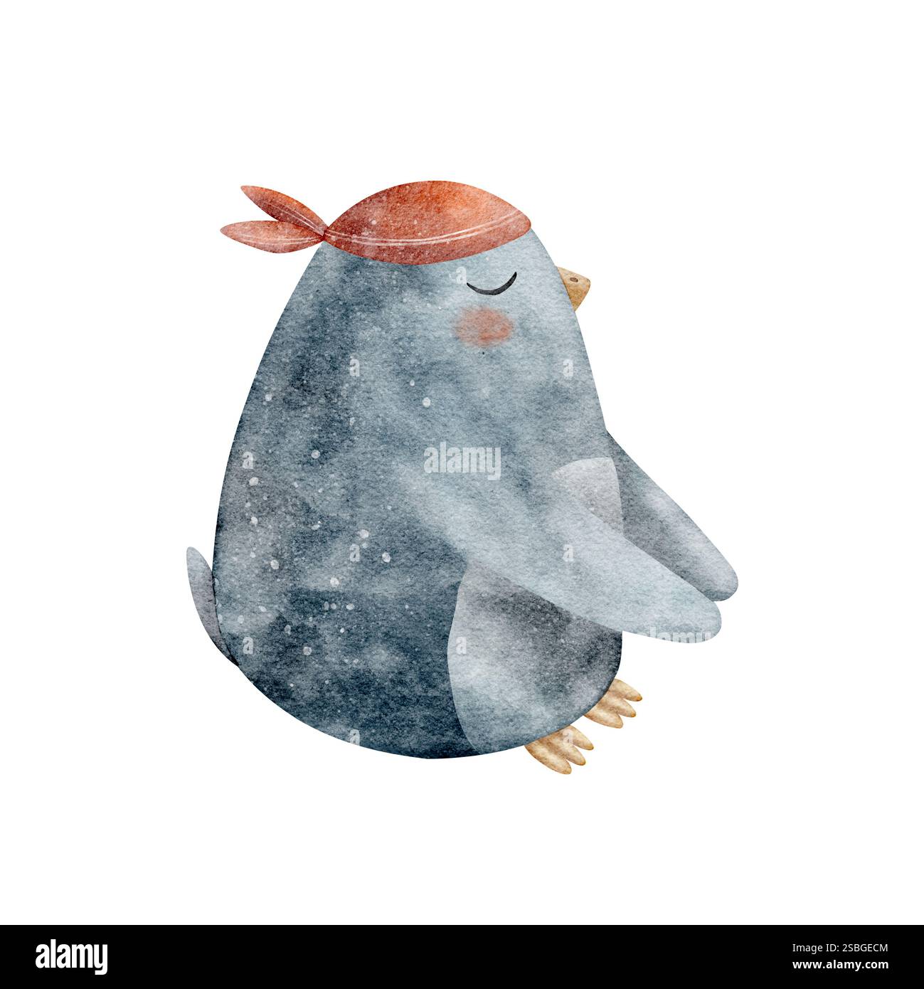 Pinguinpirat in rotem Bandana sitzend. Aquarellabbildung isoliert auf weiß, Vogel Hand gezeichnet in Zeichentrickstil für Design von Kinderkarten Stockfoto
