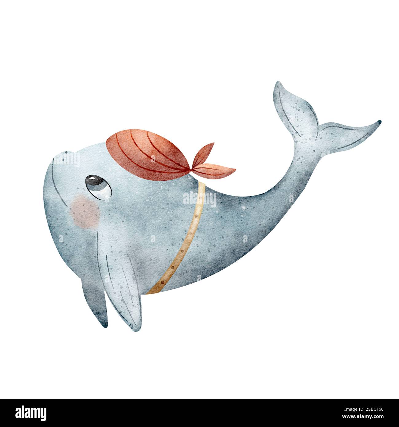 Aquarellillustration Walpiraten-Seemann in Bandana. Isoliert auf weißem Hintergrund, Delfin Hand gezeichnet in Zeichentrickstil Design Kinderkarten Stockfoto