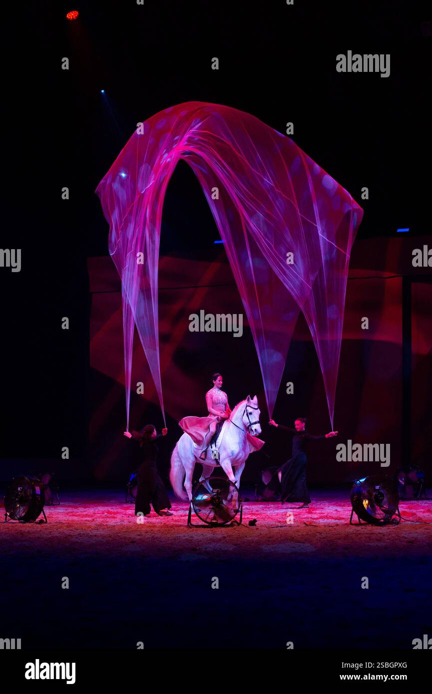 Marie Barcelo und Pierre-Antoine Chastang präsentieren ihre neueste Show „Premier Souffle“, in der ihre Lieblingsdisziplin, Gewölbe und High School Dressur hervorgehoben werden. Pierre-Antoine Chastang, der seit langem auf der Rechnung des Cirque du Soleil steht, widmet sich nun neben Marie Barcelo der Reitkunst. Dieses Paar in der Stadt und auf der Bühne entwirft ihre Choreographie am 26. Januar 2025 im Mas du Sire in den Cevennen im Exposition Park in Avignon. Foto: Cyrille Bernard/ABACAPRESS. KOM Stockfoto