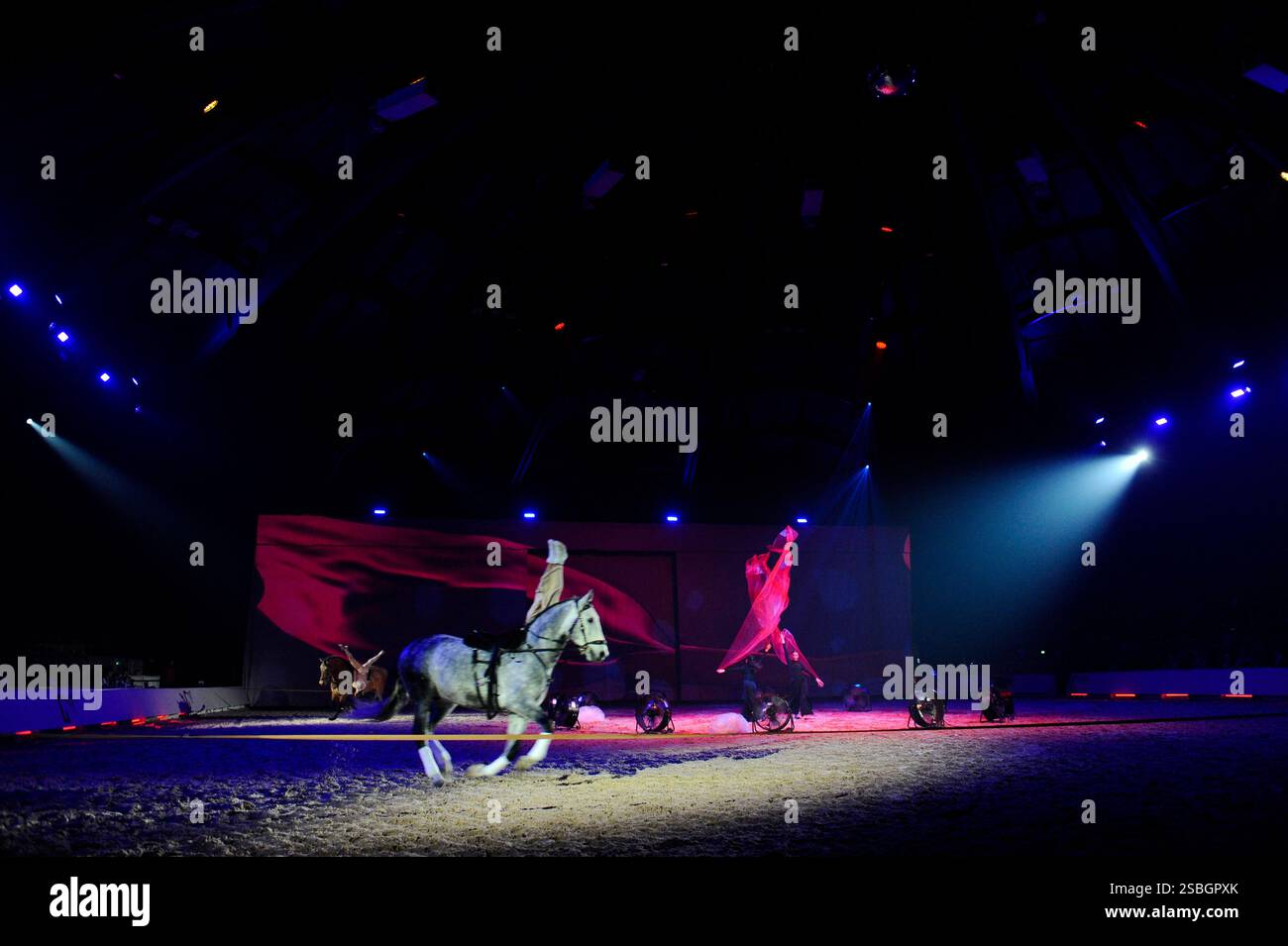 Marie Barcelo und Pierre-Antoine Chastang präsentieren ihre neueste Show „Premier Souffle“, in der ihre Lieblingsdisziplin, Gewölbe und High School Dressur hervorgehoben werden. Pierre-Antoine Chastang, der seit langem auf der Rechnung des Cirque du Soleil steht, widmet sich nun neben Marie Barcelo der Reitkunst. Dieses Paar in der Stadt und auf der Bühne entwirft ihre Choreographie am 26. Januar 2025 im Mas du Sire in den Cevennen im Exposition Park in Avignon. Foto: Cyrille Bernard/ABACAPRESS. KOM Stockfoto