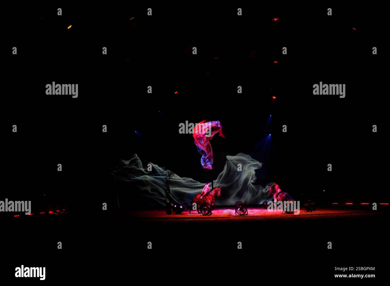 Marie Barcelo und Pierre-Antoine Chastang präsentieren ihre neueste Show „Premier Souffle“, in der ihre Lieblingsdisziplin, Gewölbe und High School Dressur hervorgehoben werden. Pierre-Antoine Chastang, der seit langem auf der Rechnung des Cirque du Soleil steht, widmet sich nun neben Marie Barcelo der Reitkunst. Dieses Paar in der Stadt und auf der Bühne entwirft ihre Choreographie am 26. Januar 2025 im Mas du Sire in den Cevennen im Exposition Park in Avignon. Foto: Cyrille Bernard/ABACAPRESS. KOM Stockfoto