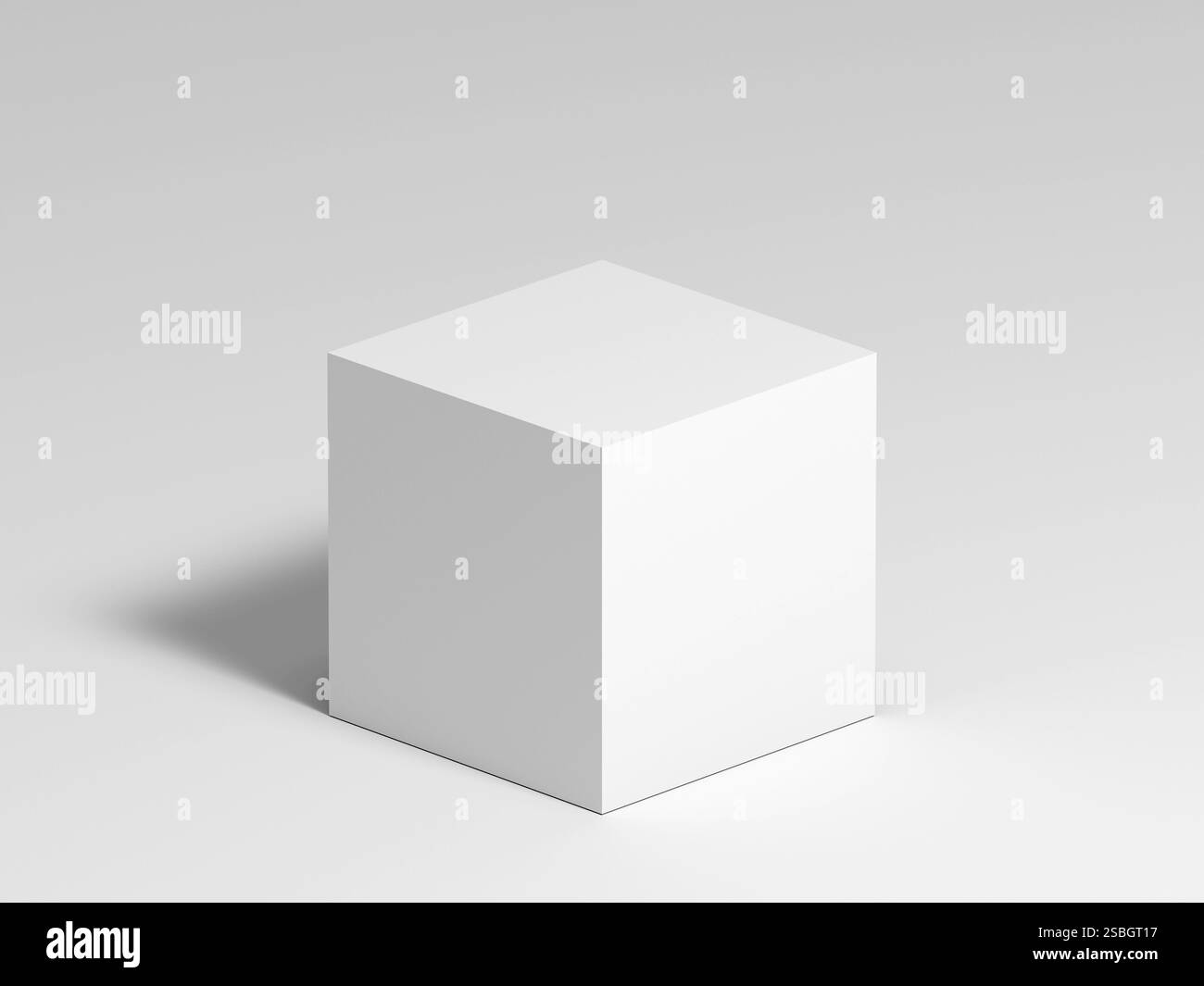 Abstrakte Stillleben-Installation, White Cube ist in leerem Atelier. 3D-Rendering-Abbildung Stockfoto