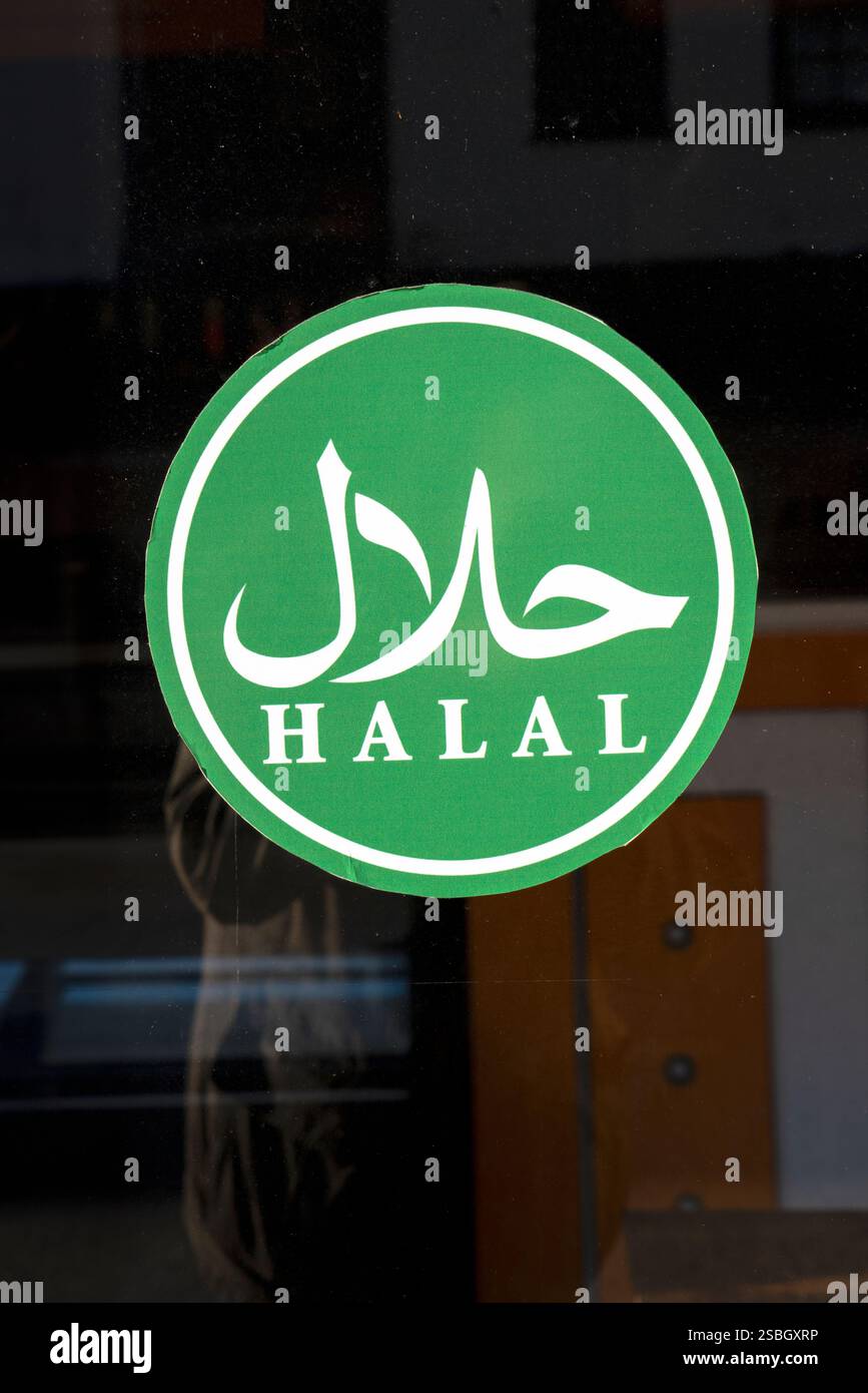 Schild mit Werbung für Halal Meat Stockfoto