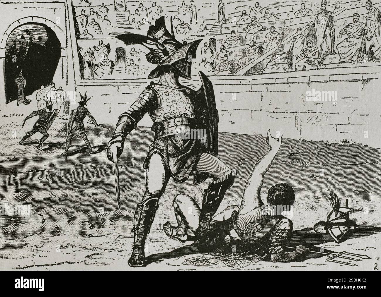 Gladiatorenkampf. Gravur. La ilustración. Revista hispano-americana, 1884. Stockfoto