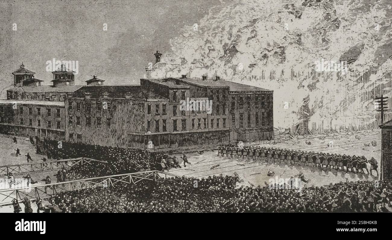 Geschichte der Vereinigten Staaten. 19. Jahrhundert. Cincinnati-Unruhen von 1884. Proteste in der Stadt fanden zwischen dem 28. Und 30. März 1884 statt, als ein Mörder namens William Berner zu 20 Jahren Zwangsarbeit verurteilt wurde, was von den Bürgern als unzureichend angesehen wurde. Die Ohio National Guard-Truppen wehren Aufständische während der Verbrennung des Gerichtsgebäudes ab. Gravur. La ilustración. Revista hispano-americana, 1884. Stockfoto