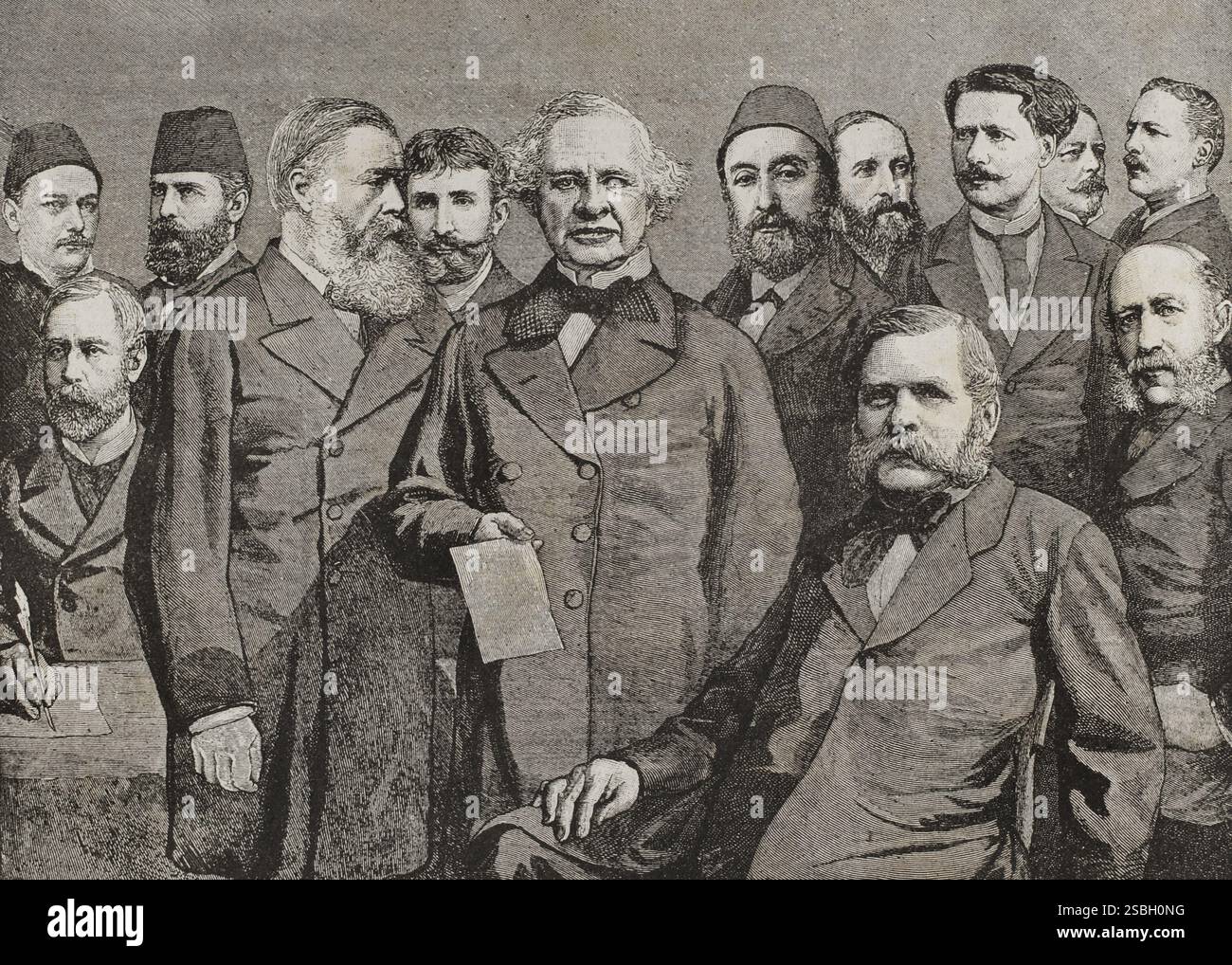 Die Ägyptische Konferenz. Europäische Konferenz über die Angelegenheiten Ägyptens, 1884 in London. Gipfeltreffen mit Vertretern der Großmächte. Porträtgruppe der Botschafter und Finanzassistenten. Von links nach rechts: (Stehend, im Hintergrund): Tigrane Pascha (ägyptischer Finanzassistent), Blum Pascha (ägyptischer Finanzassistent), Camille Barrère (französischer Finanzassistent), Musurus Pascha (Türkei), Derenthal (deutscher Finanzassistent), Graf de Nigra (Italien), Philip Currie (Protokolist) und Baring (britischer Finanzassistent); im Vordergrund: Graf Karoly (Österreich- Stockfoto Die Ägyptische Konferenz. Europäische Konferenz über die Angelegenheiten Ägyptens, 1884 in London. Gipfeltreffen mit Vertretern der Großmächte. Porträtgruppe der Botschafter und Finanzassistenten. Von links nach rechts: (Stehend, im Hintergrund): Tigrane Pascha (ägyptischer Finanzassistent), Blum Pascha (ägyptischer Finanzassistent), Camille Barrère (französischer Finanzassistent), Musurus Pascha (Türkei), Derenthal (deutscher Finanzassistent), Graf de Nigra (Italien), Philip Currie (Protokolist) und Baring (britischer Finanzassistent); im Vordergrund: Graf Karoly (Österreich- Stockfoto