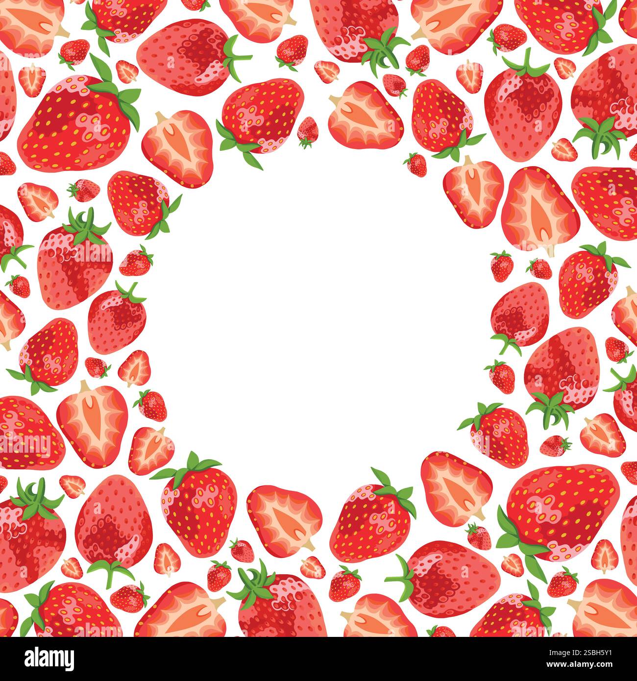 Runder Rahmen mit 3D-realistischen Vektor-Erdbeeren. Rahmen aus roten Früchten isoliert auf weißem Hintergrund. Stock Vektor