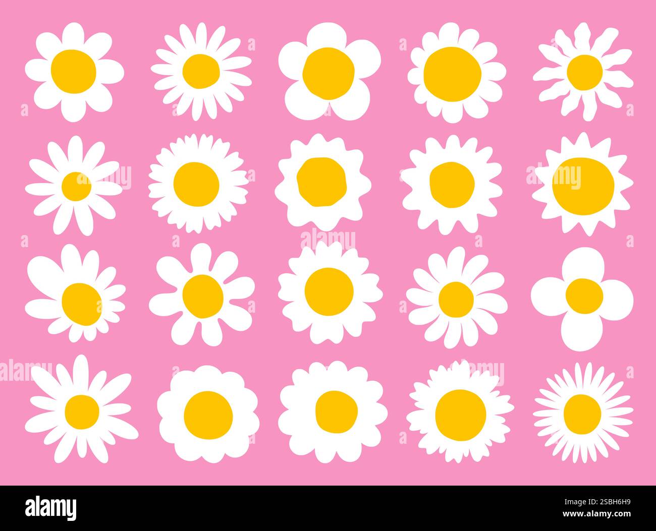 Daisy-Symbole. Kamillenblüten, Retro-weißes Kamillenkind oder Baby-Farbblatt. Frühling, Sommer Hippie Wiesenblüte. Dekorative Blumenelemente. Cartoon Stock Vektor