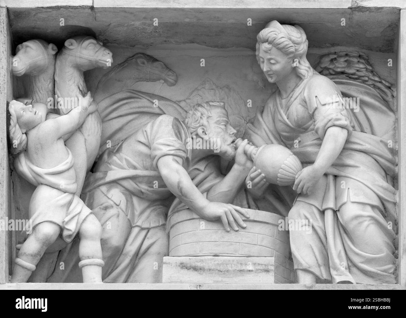 MAILAND, ITALIEN - 16. SEPTEMBER 2024: Das Detail aus der Fassade des Duomo - der Isaak und die Rebekah am Brunnen - Kopie nach dem Original (1970) Stockfoto