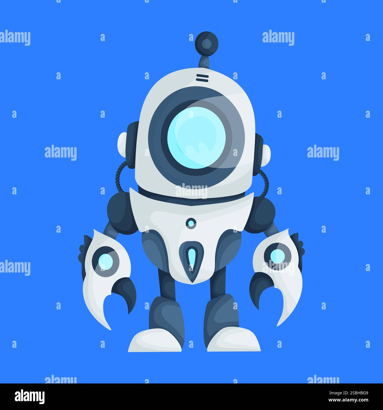 Futuristische Zeichentrickroboter-Illustration mit krallenartigen Händen, einem kreisförmigen Gesichtsschirm und einer Antenne vor blauem Hintergrund. Stock Vektor