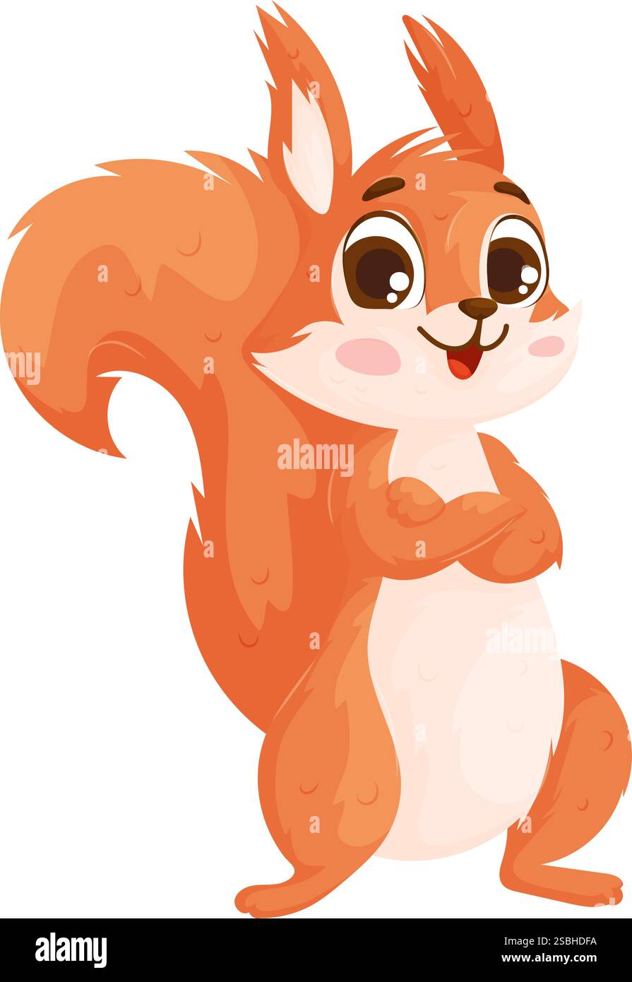 Ein niedliches Zeichentrickhörnchen mit selbstbewusster Pose, buschigem Schwanz, großen Augen und einem fröhlichen Ausdruck. Stock Vektor