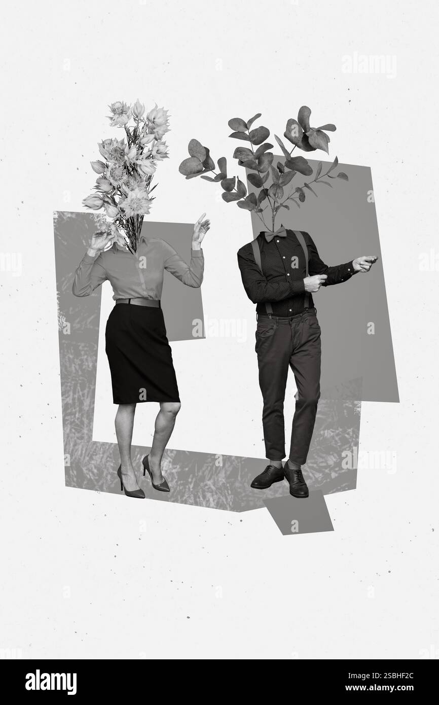 Vertikale Collage von zwei tanzenden Schwarzweiß-Effekt-Menschen, die Blumen kühlen, statt Kopf isoliert auf gemaltem Hintergrund Stockfoto