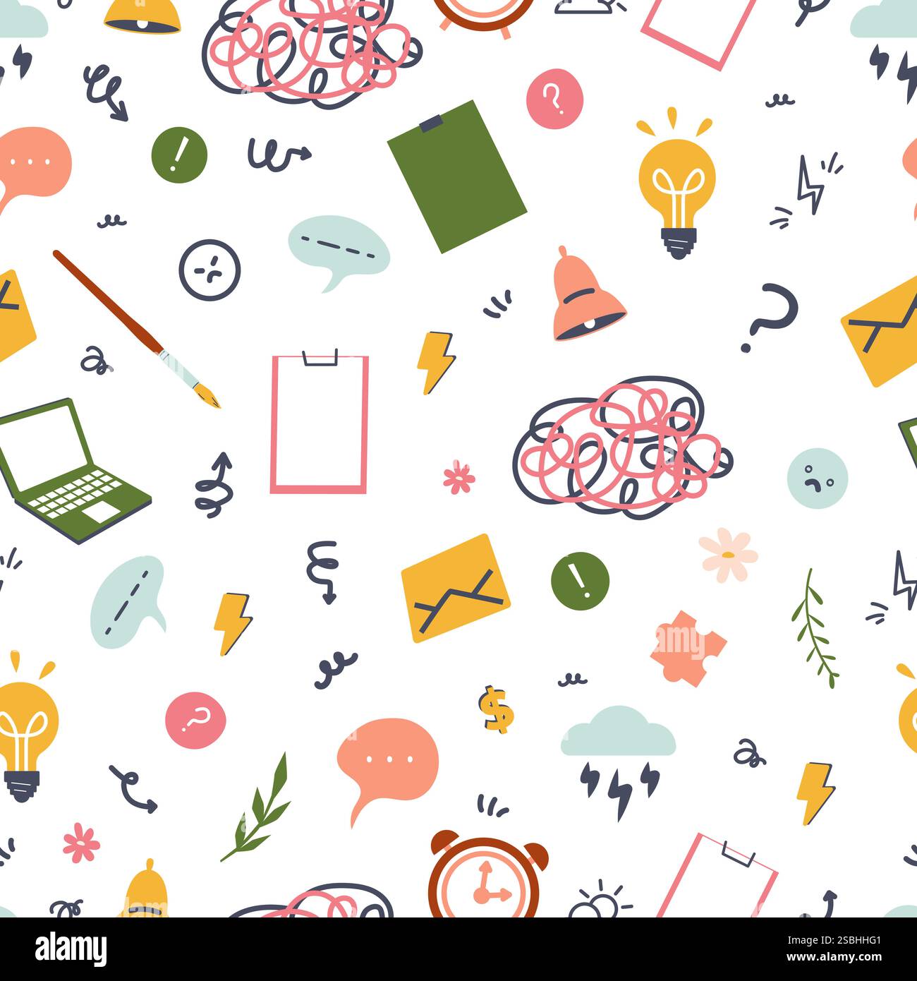 Kritzeln Sie emotionale und Büroschilder. Nahtloses Muster mit Uhr, Pfeilen, gelber Glocke, Pinsel und Laptop. Dekoratives Design für Stoff, abstrakte Vektormuster Stock Vektor