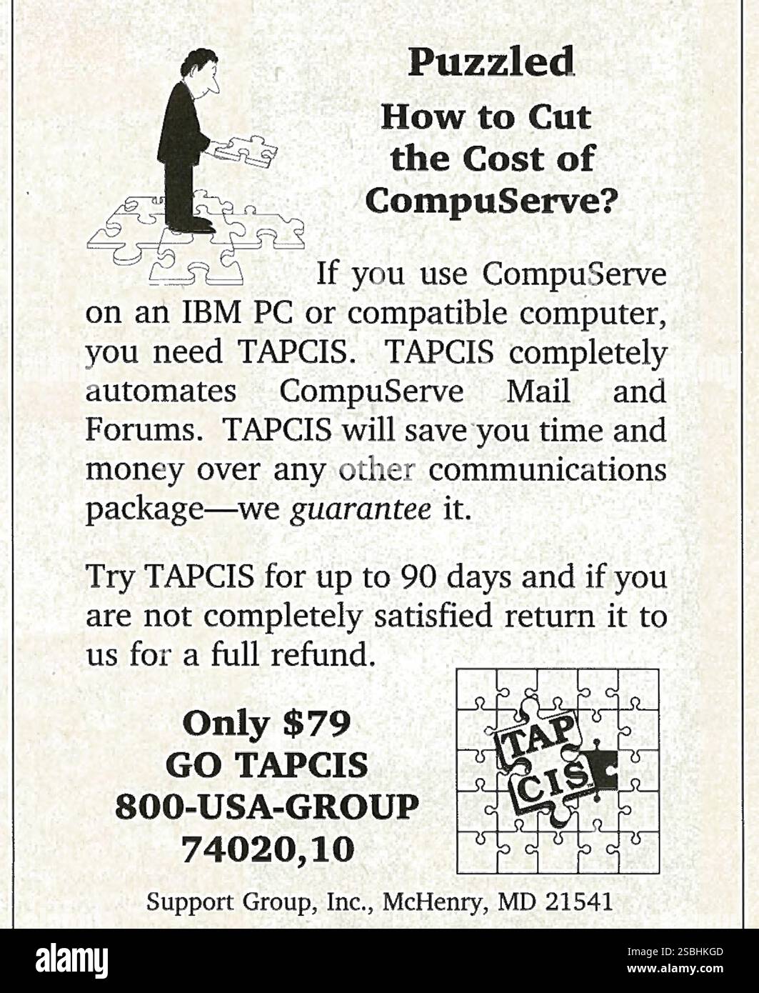 1991 US Support Group Inc TAPCIS Ad - (das Zugriffsprogramm für den Compuserve Information Service) eine automatisierte MS-DOS-basierte Softwareanwendung Stockfoto