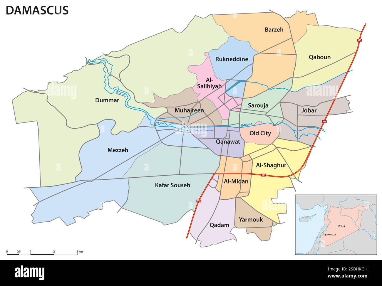 Verwaltungskarte der syrischen Hauptstadt Damaskus Stockfoto