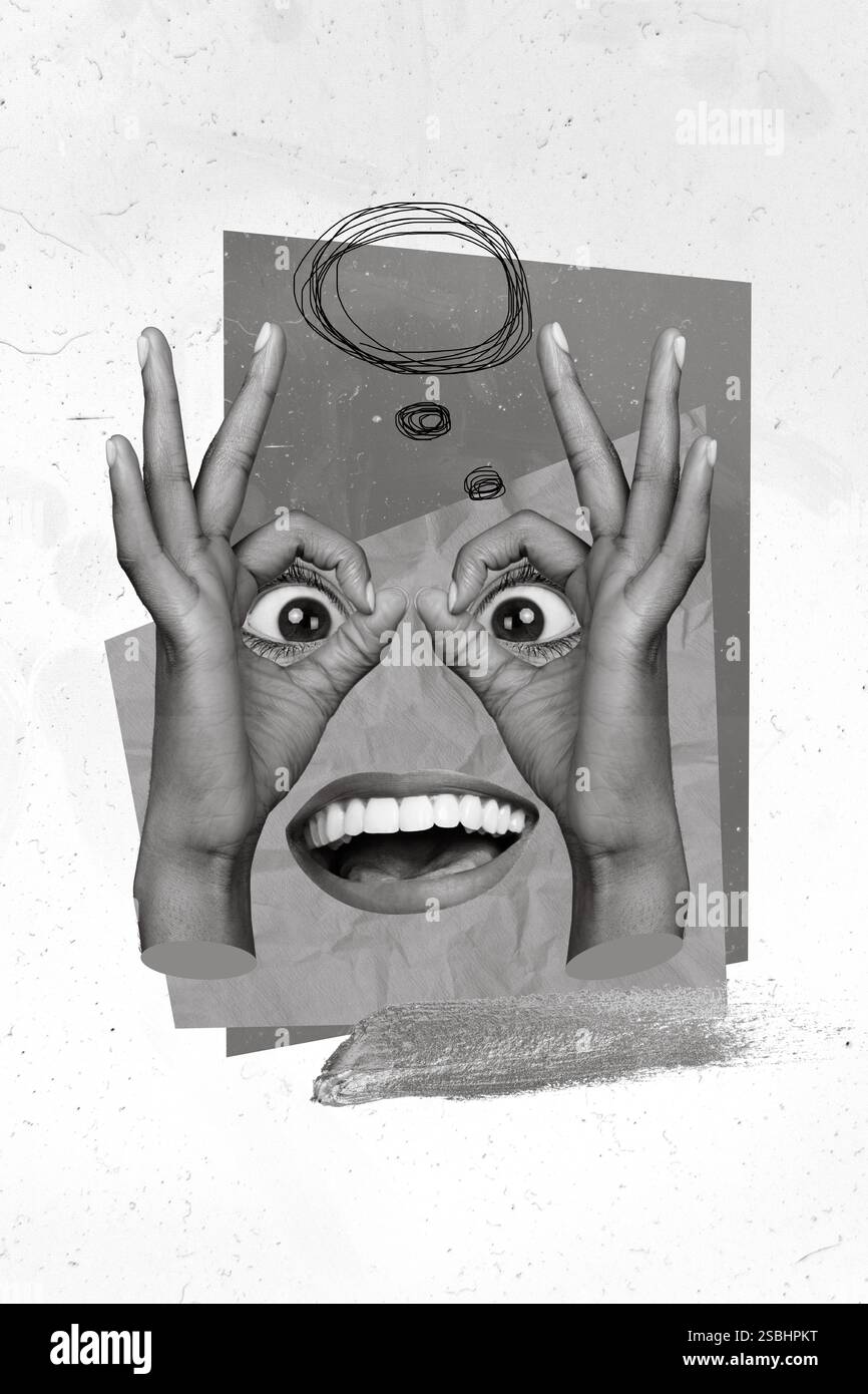Kreative Fotokunst Collage ukraine Kriegsverbrechen Konzept Finger binokular okey Symbol Mind Chatterbox isoliert auf beigefarbenem Hintergrund Stockfoto