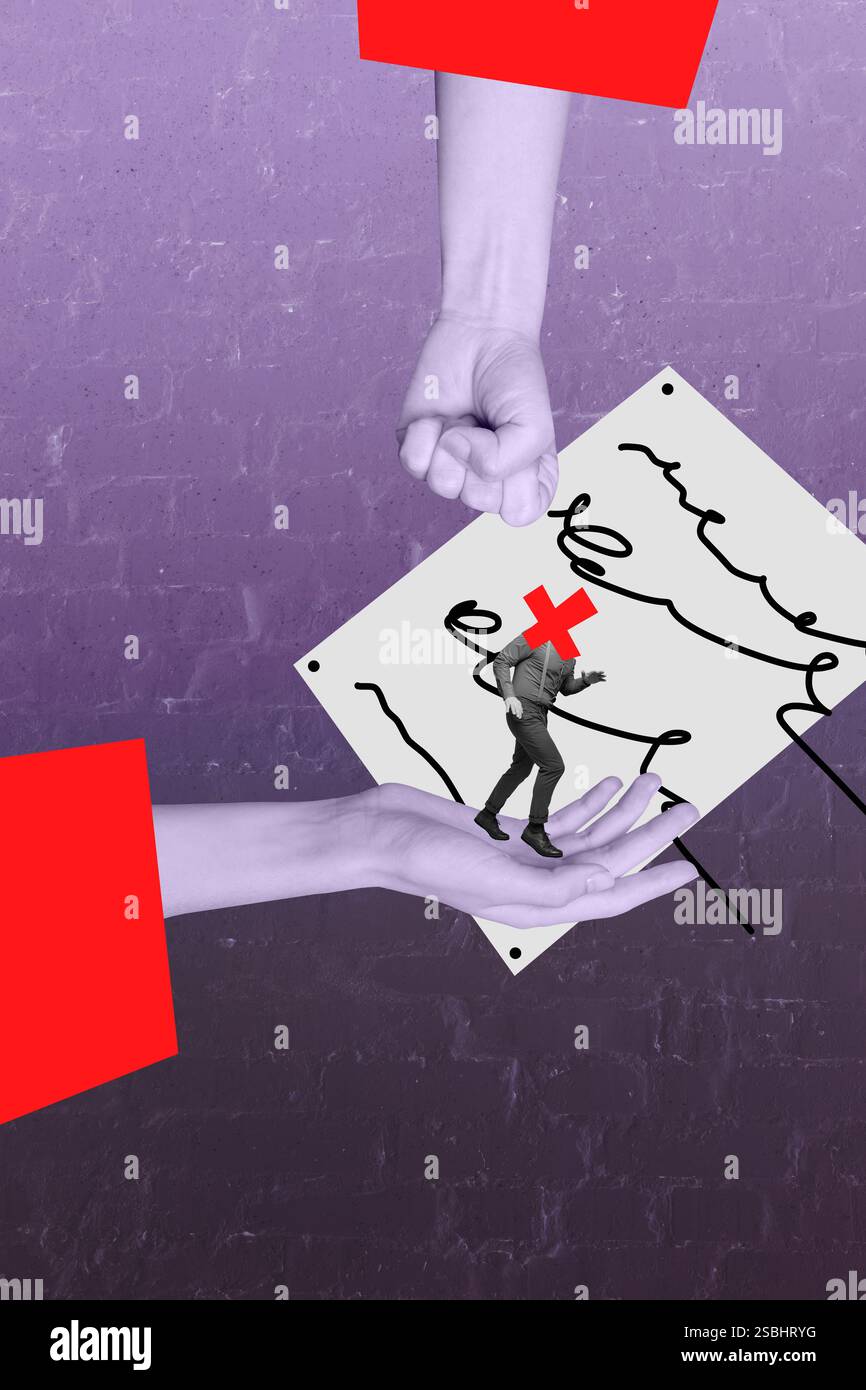 Trendbild vertikale Fotocollage eines anonymen Mannes stattdessen Kopf Kreuz Symbol Leerstand Ablehnung Papier Blatt Hände zeigen Faust Geste Stockfoto
