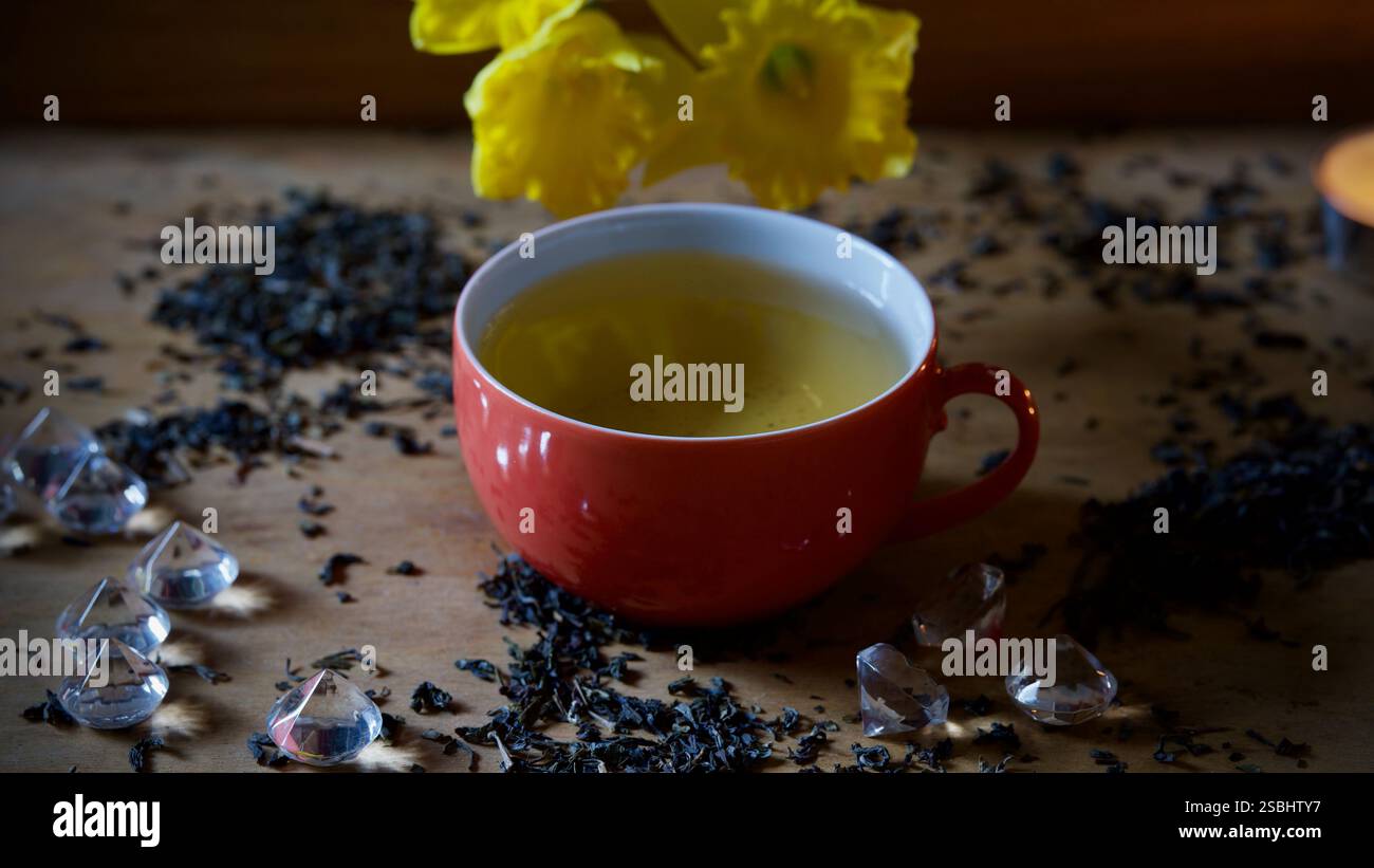 Eine Teetasse auf einem Tablett. Narzissen, Teeblätter. Stockfoto