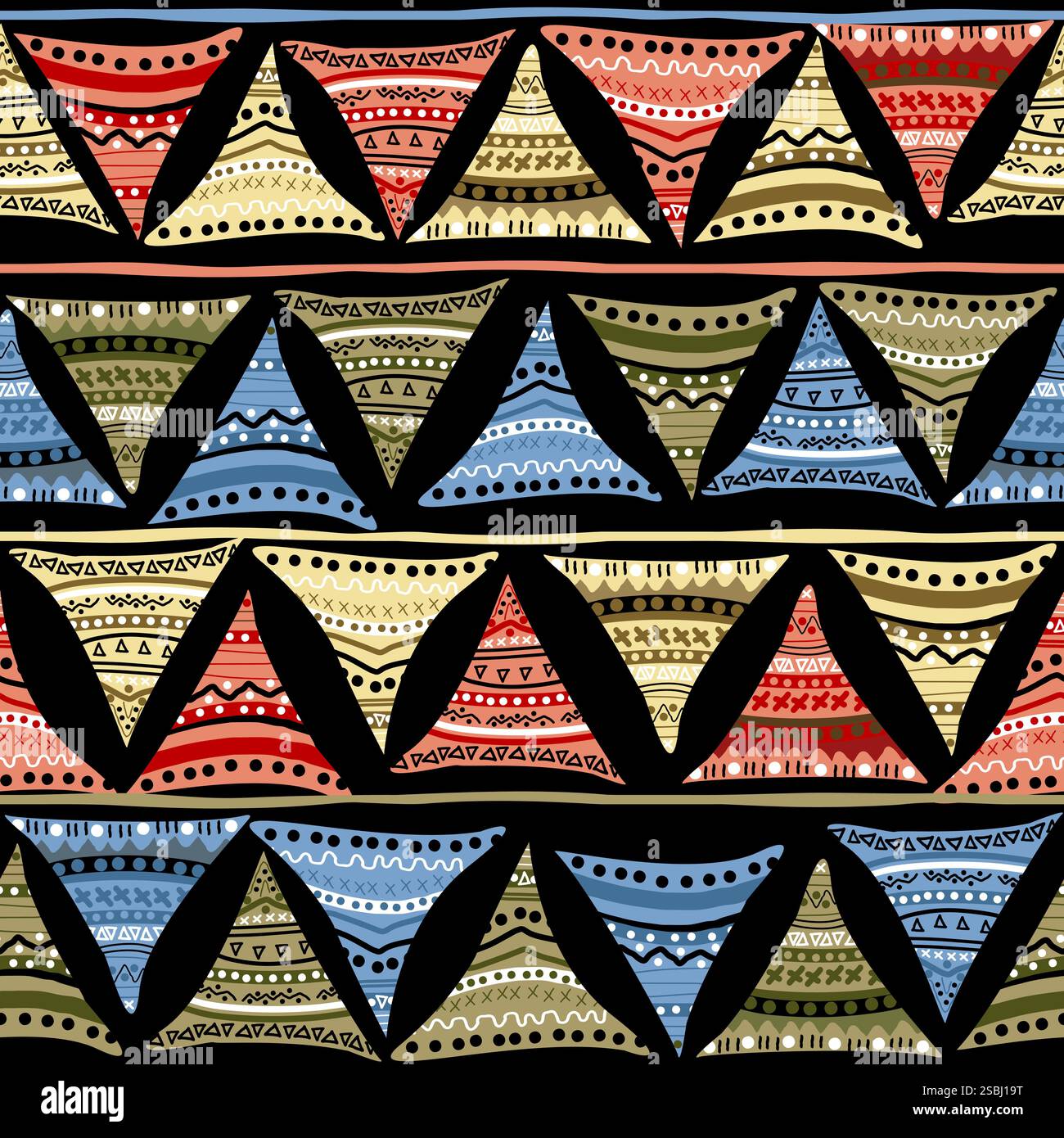 Farbiges nahtloses Muster mit Dreiecken im Doodle-Stil aus Linien und Punkten Stock Vektor