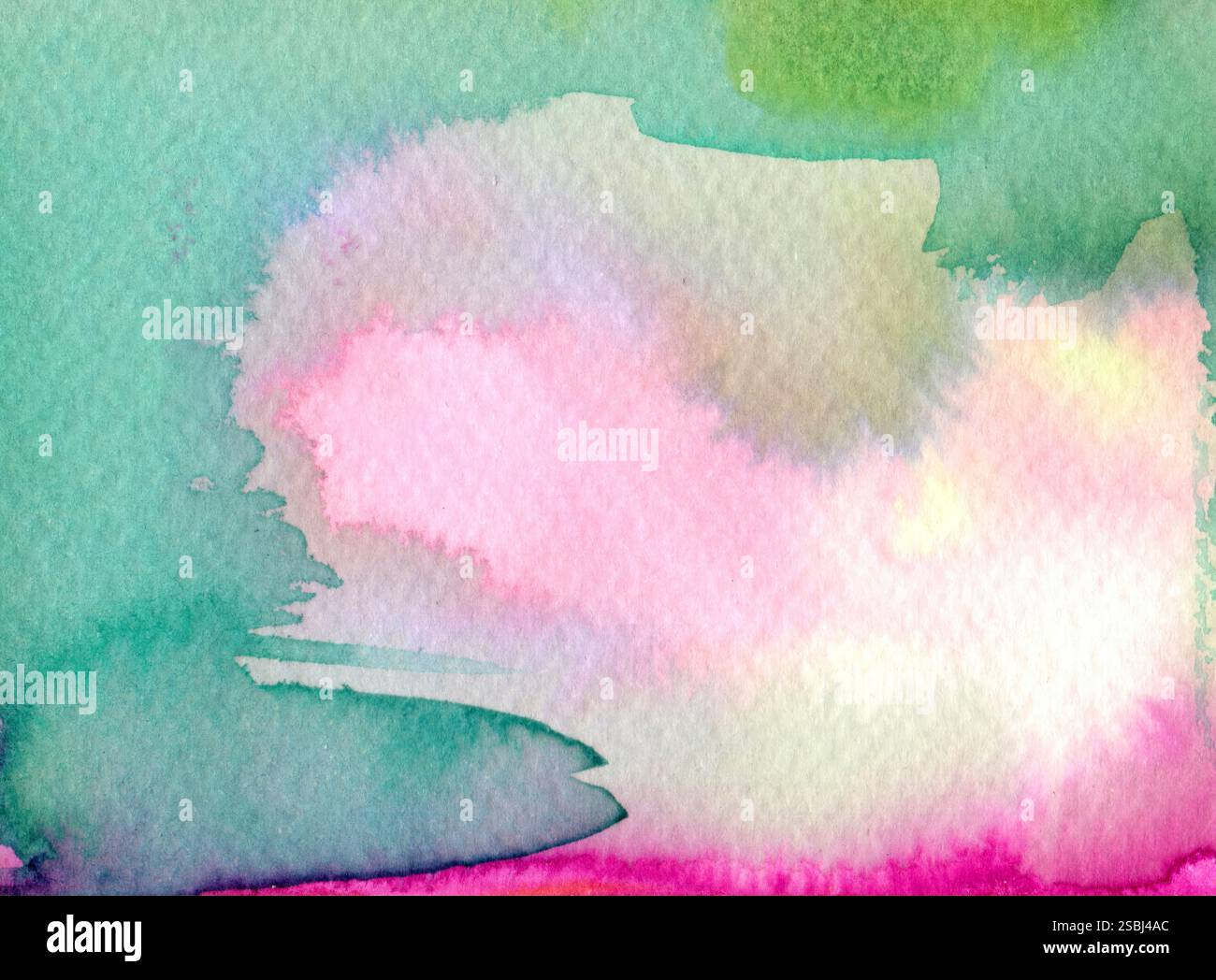 Sanfte Aquarellverschmelzung aus pastellrosa und grünen Tönen, die einen hellen, erfrischenden und skurrilen abstrakten Hintergrund schaffen Stockfoto