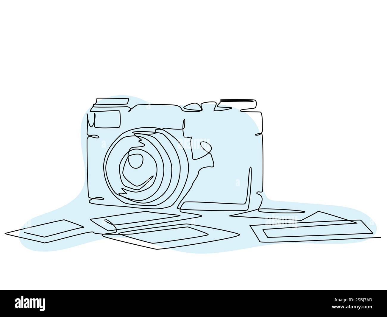 Abbildung einer Vintage-Kamera, umgeben von verstreuten Fotos auf einer hellblauen Oberfläche Stock Vektor