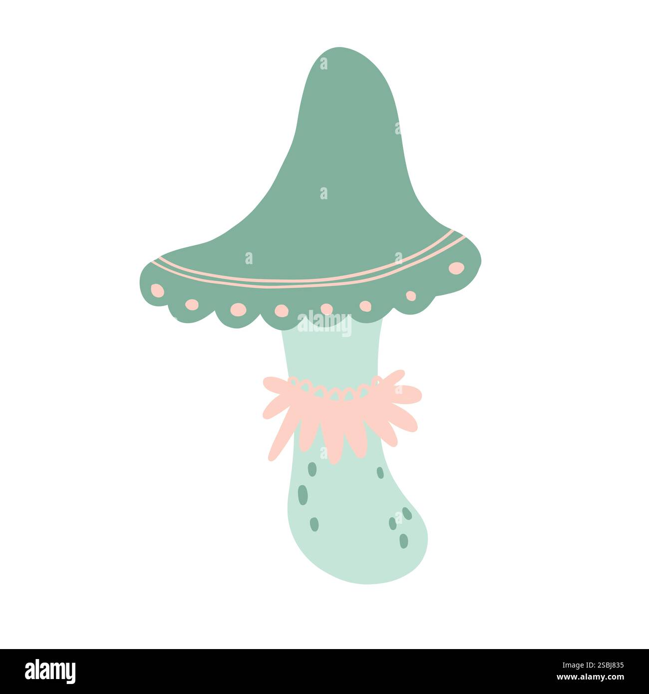 Illustrierter wunderschöner grüner Pilz mit gewellter Kappe und gepunkteten Details. Botanische Zeichnung im niedlichen Cartoon-Stil, perfekt für die Natur Stock Vektor