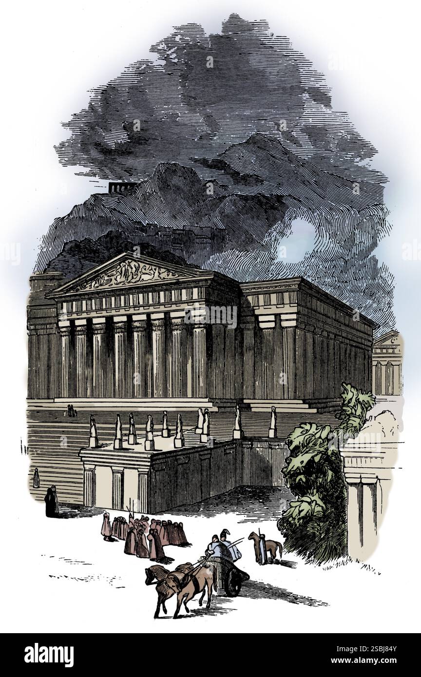 Der Tempel der Artemis, auch weniger genau bekannt als der Tempel der Diana, war ein griechischer Tempel, der der Göttin Artemis gewidmet war und eines der sieben Weltwunder der Antike war. Es befand sich in Ephesus (nahe der heutigen Stadt Selcuk) und wurde vor seiner späteren Zerstörung im Jahr 401 dreimal vollständig umgebaut. Nur Fundamente und skulpturale Bruchstücke der neuesten Tempel an der Stätte sind erhalten. Illustration aus den sieben Weltwundern von Theodore Alois Buckley, 1854. Stockfoto