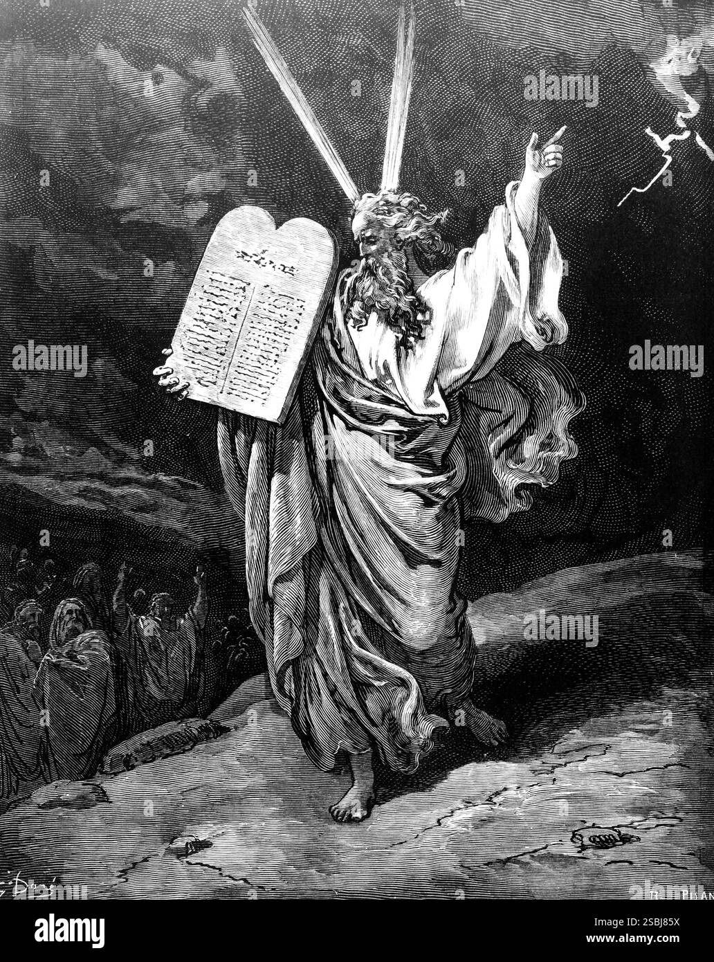 Bibelillustration: Altes Testament. Das zweite Buch Moses (Exodus), Kapitel 19: Moses, der den Berg Sinai herabsteigt (die zehn Gebote). Druck von Gustave Dore ) 1832 -1883) Stockfoto