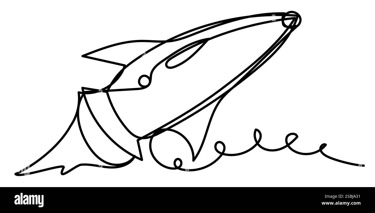 Fliegende Weltraumrakete in einer Zeile auf weißem Hintergrund. Stock Vektor