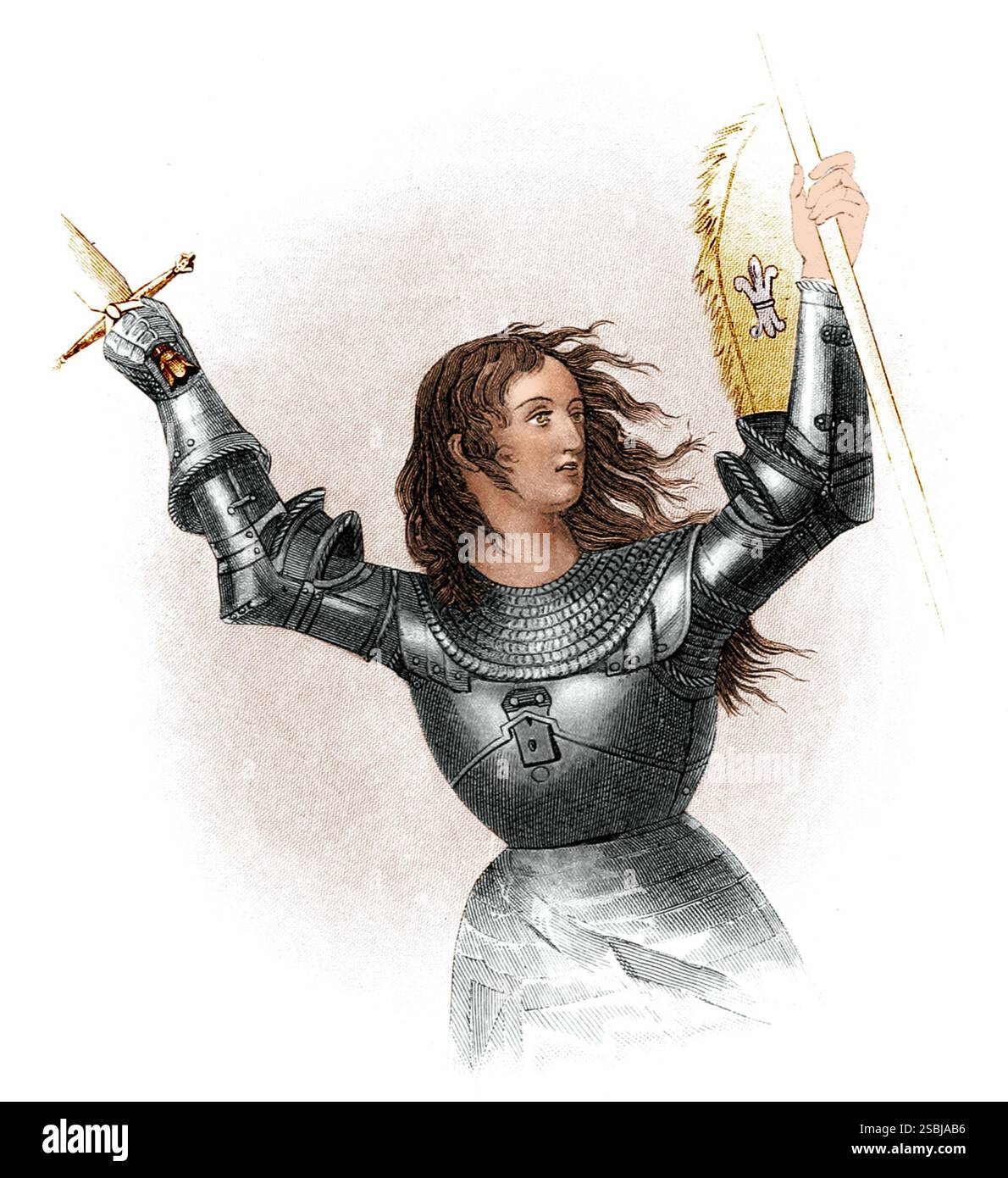 Joan d'Arc (1412–1431), römisch-katholische heilige und französische Heldin, die die französische Armee während des Hundertjährigen Krieges bei mehreren Siegen führte und im Alter von 19 Jahren auf dem Scheiterhaufen verbrannt wurde. Illustration aus dem Jahr 1885 von James Parton. Farbig. Stockfoto
