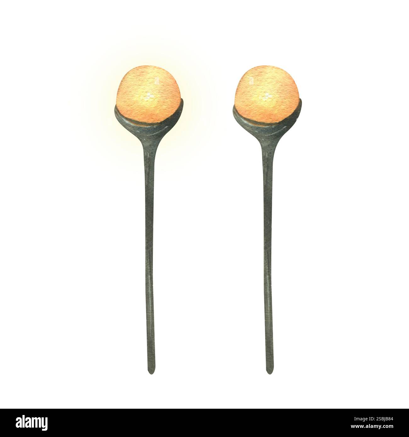 Straßenlaterne einfach rund auf einem schwarzen gusseisernen Bein mit einem warmen gelb-orangen Licht. Aquarellillustration handgezeichnet. Satz von einzelnen Elementen Stockfoto