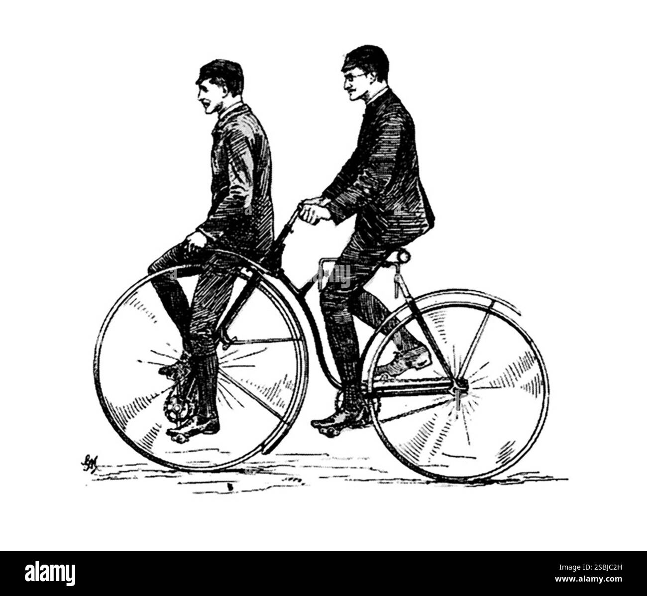 A. J. Wilson's Experiemental Tandem, 1885. Die Fahrer sind A. J. Wilson (hinten) und Dan Albone (vorn). Daniel Albone (1860–1906) war ein englischer Erfinder, Hersteller und Radfahrer. Er erfand den ersten erfolgreichen Leichtbautraktor und das Ivel Safety Bike. Zusammen mit dem Radfahrer Arthur James Wilson (1858–1945) entwarf er 1886 ein Tandem-Sicherheitsfahrrad. Stockfoto