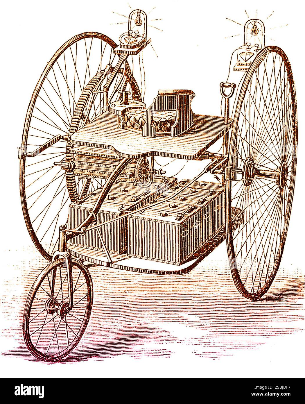 Gustave Trouv√ Elektrodreirad, das erste Elektrofahrzeug der Welt. Trouv√ (1839–1902) war ein französischer Elektroingenieur und Erfinder. 1880 verbesserte er die Effizienz eines kleinen Elektromotors, der von Siemens entwickelt wurde, und baute ihn mit Hilfe des kürzlich entwickelten Akkus in ein englisches James Starley-Dreirad ein. Stockfoto