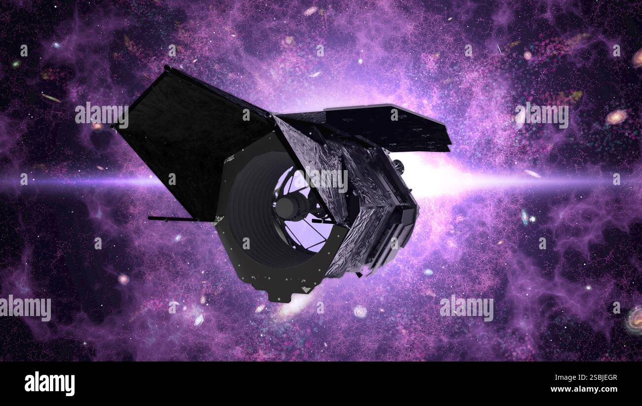 Künstlerkonzept des Nancy Grace Roman Space Telescope. Das Roman Space Telescope ist ein Infrarot-Weltraumobservatorium, das die Expansionsgeschichte des Universums und das Wachstum kosmischer Strukturen erforscht, Exoplaneten sucht und abbildet und andere Themen der Infrarot-Astrophysik erforscht. Der Start soll Mitte der 2020er Jahre erfolgen Benannt wurde das Teleskop nach Dr. Nancy Grace Roman (16. Mai 1925 bis 25. Dezember 2018), der ersten NASA-Chefin für Astronomie. Stockfoto