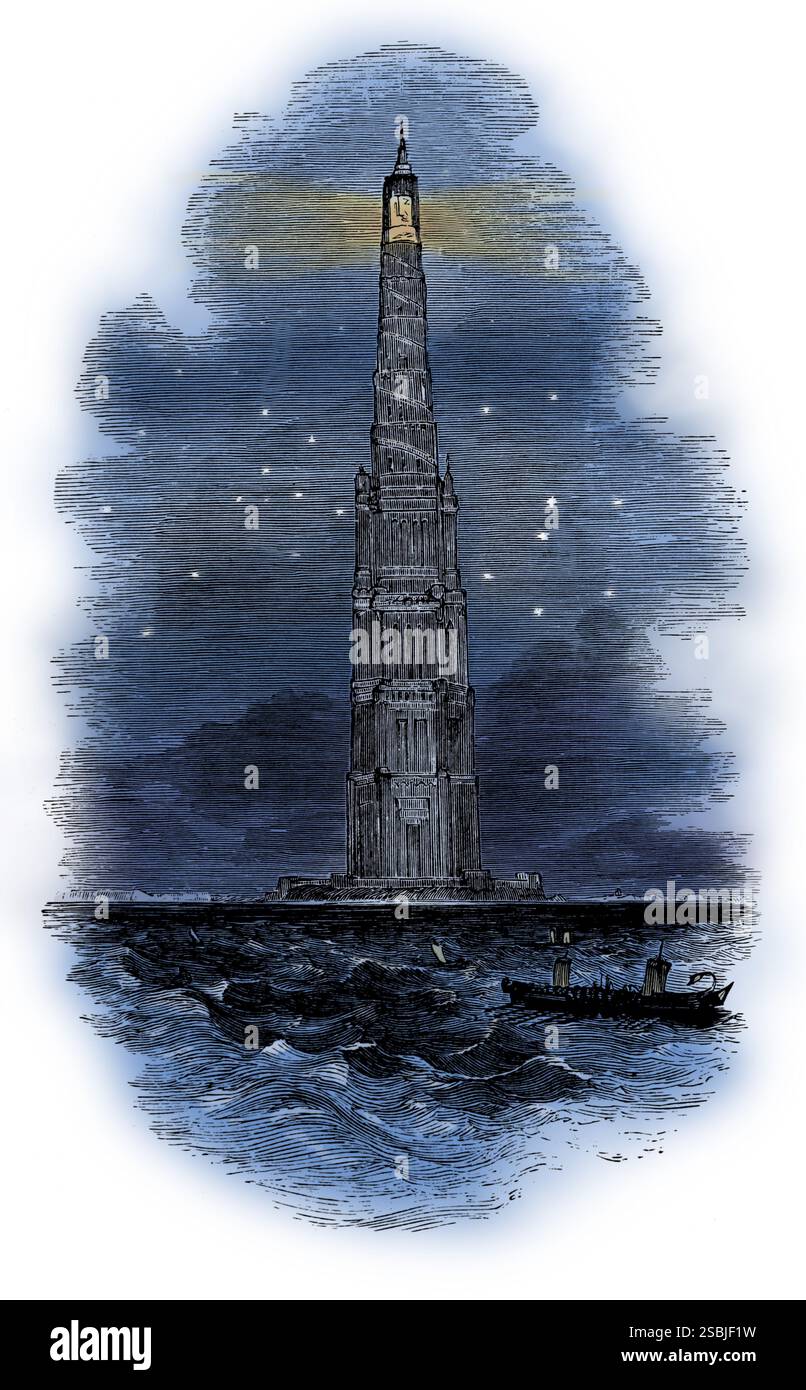 Der Leuchtturm in Alexandria, Ägypten, wurde im 3. Jahrhundert v. Chr. erbaut. Die Höhe des Leuchtturms wurde auf 380 bis 440 Fuß geschätzt. Es wurde von Antipater von Sidon als eines der sieben Weltwunder der Antike identifiziert. Der Leuchtturm wurde nach drei Erdbeben schwer beschädigt, mit kaum noch Ruinen. Das erste war 956, dann ein weiteres 1303 und das letzte 1323. Illustration aus den sieben Weltwundern von Theodore Alois Buckley, 1854. Stockfoto