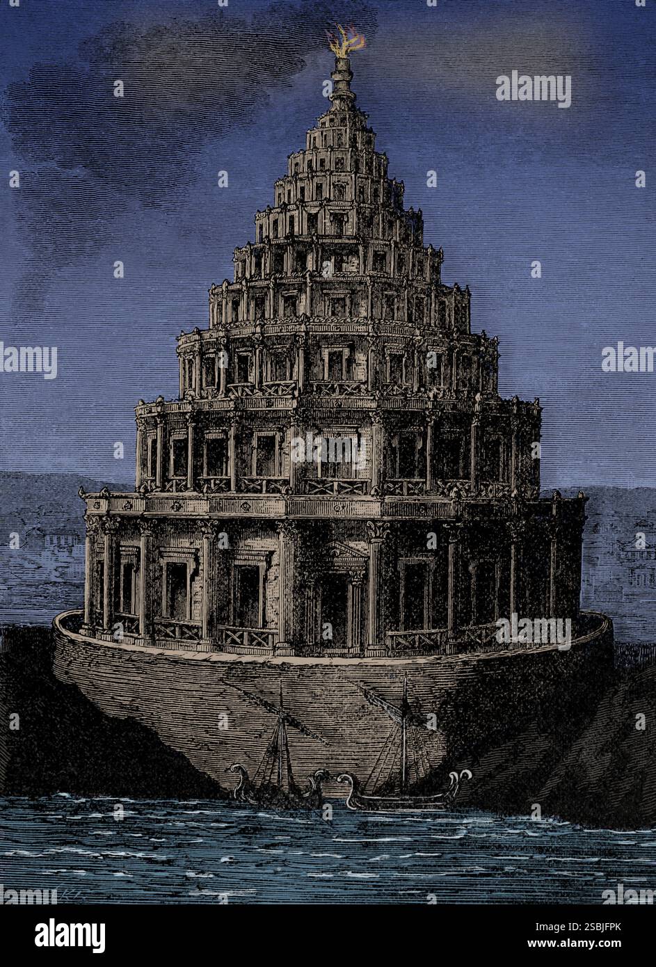 Sieben Wunder der Antike. Der Leuchtturm in Alexandria, Ägypten, wurde im 3. Jahrhundert v. Chr. erbaut. Die Höhe des Leuchtturms wurde auf 380 bis 440 Fuß geschätzt. Es wurde von Antipater von Sidon als eines der sieben Weltwunder der Antike identifiziert. Der Leuchtturm wurde nach drei Erdbeben schwer beschädigt, mit kaum noch Ruinen. Das erste war 956, dann ein weiteres 1303 und das letzte 1323. Ilustration aus Cyclopedia of Universal History von John Clark Ridpath, 1890. Stockfoto