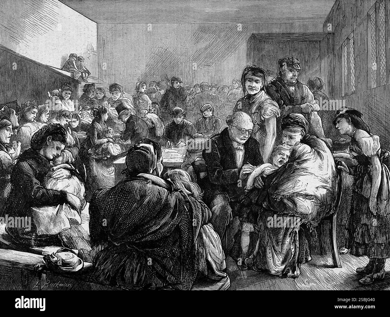 Eine Apotheke im East End von London, in der viele lokale Kinder geimpft werden. Holzstich von E. Buckman, 1871. Stockfoto